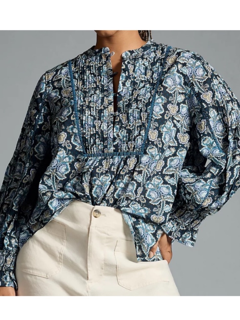 BOGO! Anthropologie Cotton Pintuck Peasant Blouse Blue Floral Motif XXS - Picture 11 of 11